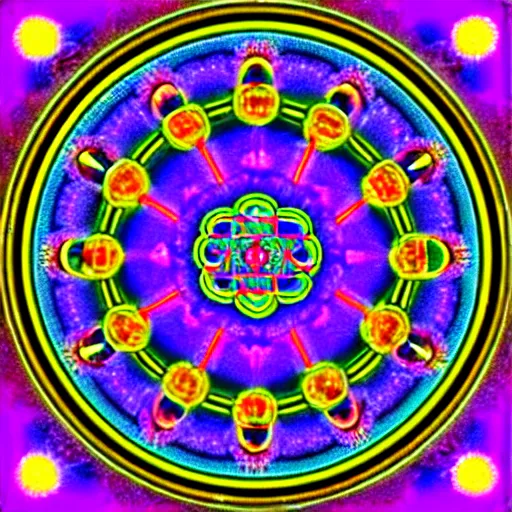 Prompt: vintage polaroid style image of neon mandala sacred geometry fractals