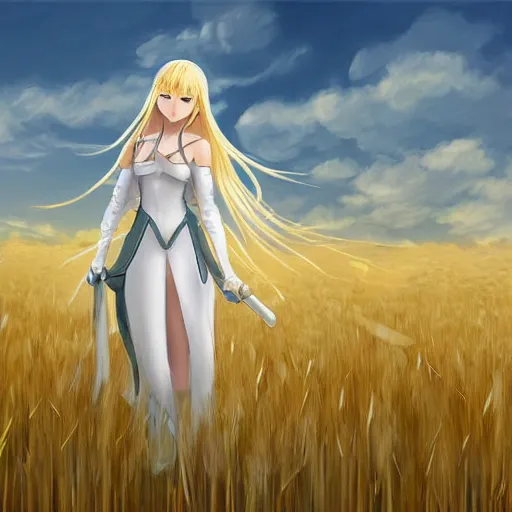 Prompt: wlop's legendary, beautiful digital painting of saber lily standing in a field of wheat