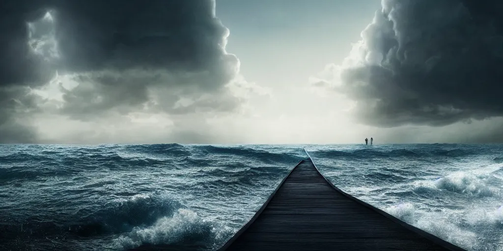 Image similar to a path through the sea, path, walkway, a raising wall of water either side, biblical, exodus 1 4 : 2 1 & 2 2, moses, by stephen king, cinematic, hyperrealistic, evil, dark, cgsociety, 8 k