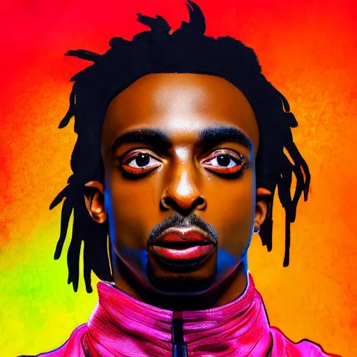 Image similar to playboi carti, photorealistic, detailed face, full body shot, 8 k, hd, neon colors, over saturated colors, wok, noisy background, background blending with itself, goofy,