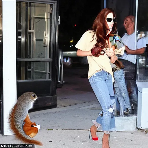 Image similar to Lana Del Rey juggling while a squirrel is on her shoulder in TMZ