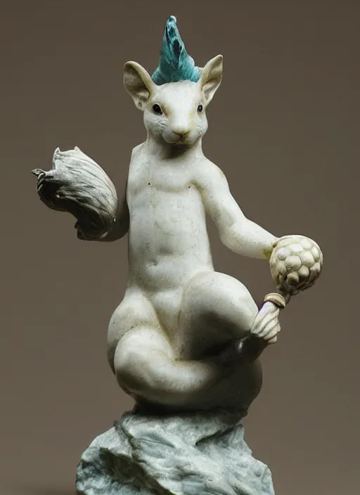 Image similar to A marble statue of a squirrel holding an acorn in the style of Statue of Liberty. museum photo