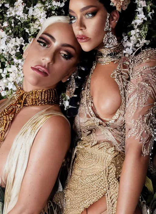 Image similar to portrait of lady gaga and rihanna wearing kebaya in bali temple, by charlotte grimm, natural light, detailed face, beautiful features, symmetrical, canon eos c 3 0 0, ƒ 1. 8, 3 5 mm, 8 k, medium - format print, half body shot