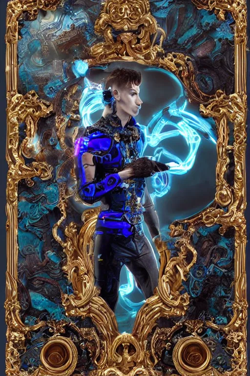 Prompt: full-body cyberpunk style sculpture of a young handsome Spanish prince half android with a chest opening exposing circuitry and a sparking motherboard, glowing blue eyes, crown of peach roses, flowing teal-colored silk, fabric, flowers. baroque elements, human skull. full-length view. baroque element. intricate artwork by caravaggio. many many birds birds on background. Trending on artstation, octane render, cinematic lighting from the right, hyper realism, octane render, 8k, depth of field, 3D