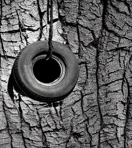 Prompt: sad rubber tire hanging from a tree from a noose