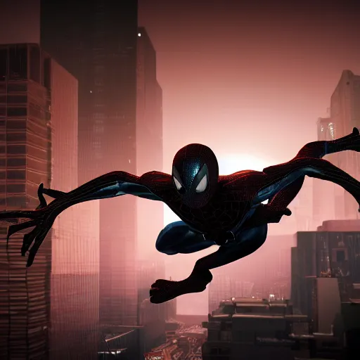 Image similar to a single venom and spider - man hybrid, dslr, cinematic, volumetric lighting, 8 k resolution, photorealistic