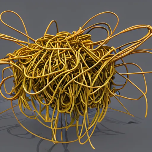 Image similar to flying spaghetti monster creating spaghetti code, 3d render