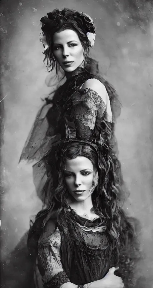 Image similar to wet plate photograph, a beautiful portrait of Kate Beckinsale dressed in victorian era clothes