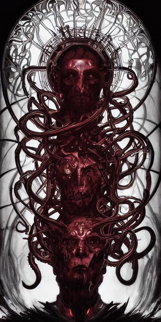 Image similar to intense glowing angry pagan god with tentacles and horns and intense pure black eyes and a blood skull in very dark chrome metal cathedral by karol bak and alphonse mucha and beksinski, portrait, fantasy, clear, light beams, lens flare, intense, uhd, amazing depth, cinematic lighting, shining chrome and black and red