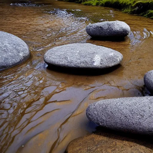 Image similar to detailed footage of european hunger stones in a river, photographic journalism, realistic, european river, carvings of drought and famine