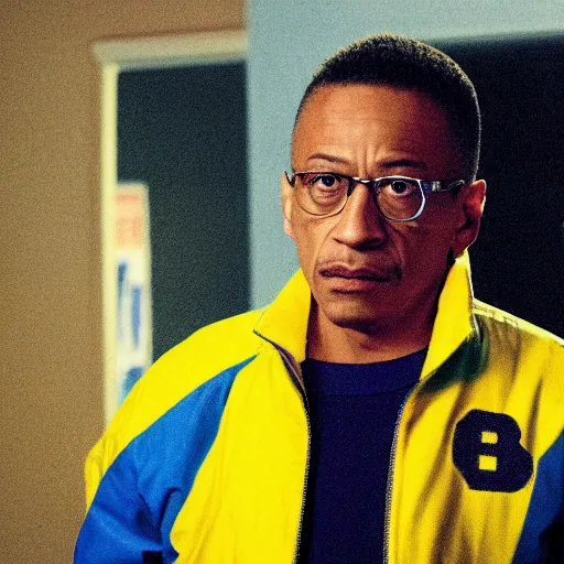 Image similar to gus fring in a blue varsity jacket with yellow sleeves, still from breaking bad