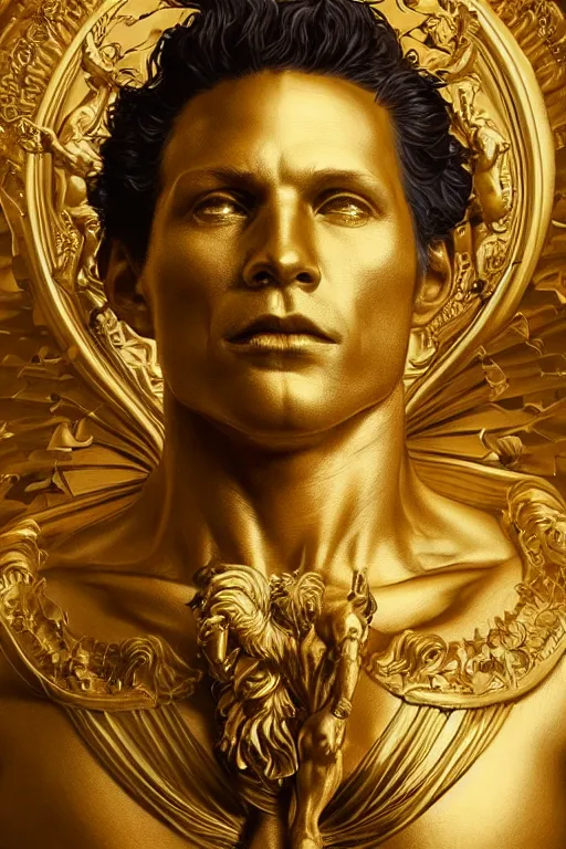 Image similar to ultra realistic illustration, a golden statue of a herculean glenn howerton as the god apollo, intricate, elegant, highly detailed, digital painting, artstation, concept art, smooth, sharp focus, illustration, art by artgerm and greg rutkowski and alphonse mucha