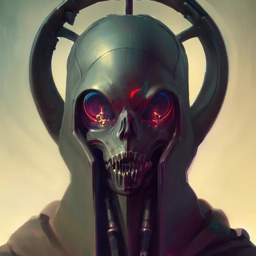 Image similar to portrait of a cybernetic grim reaper of death, cyberpunk concept art by pete mohrbacher and artgerm and wlop and greg rutkowski and deathburger, digital art, highly detailed, intricate, sci-fi, sharp focus, Trending on Artstation HQ, deviantart, unreal engine 5, 4K UHD image