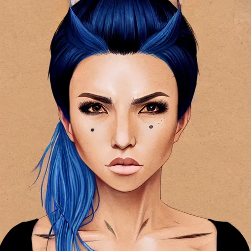 Image similar to illustrated realistic portrait of swept-back prong-horned devil woman with blue bob hairstyle and her tan colored skin and with solid black eyes wearing leather by rossdraws