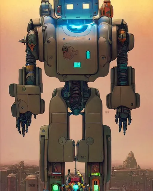 Image similar to bastion the friendly robot from overwatch, with his pet bird, character portrait, portrait, close up, concept art, intricate details, highly detailed, vintage sci - fi poster, retro future, in the style of chris foss, rodger dean, moebius, michael whelan, katsuhiro otomo, and gustave dore