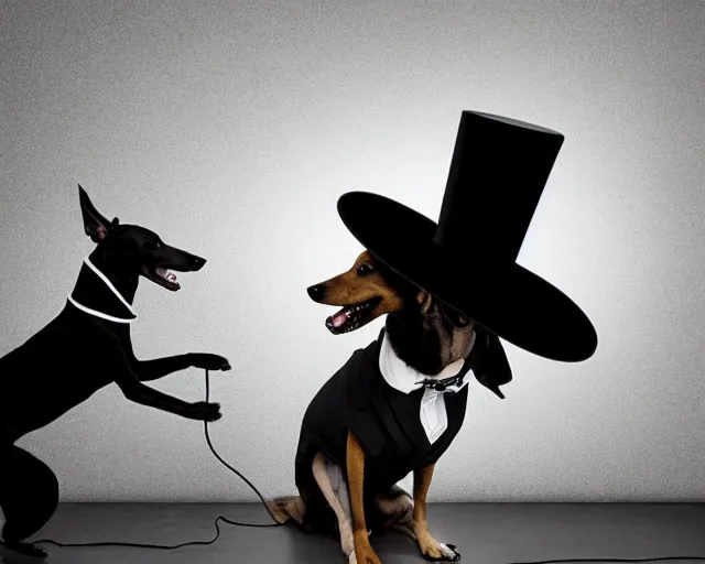 Image similar to a greyhound wearing a black cloak and a top hat, under a spotlight, magician dog performing on stage, dapper greyhound