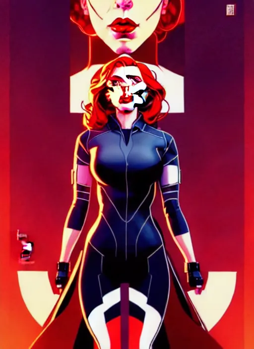 Image similar to rafeal albuquerque comic art, joshua middleton comic art, artgerm, cinematics lighting, night time, pretty scarlett johansson black widow, big smirk, symmetrical face, symmetrical eyes, long red hair, full symmetrical body, flying in the air, jumping off rooftop