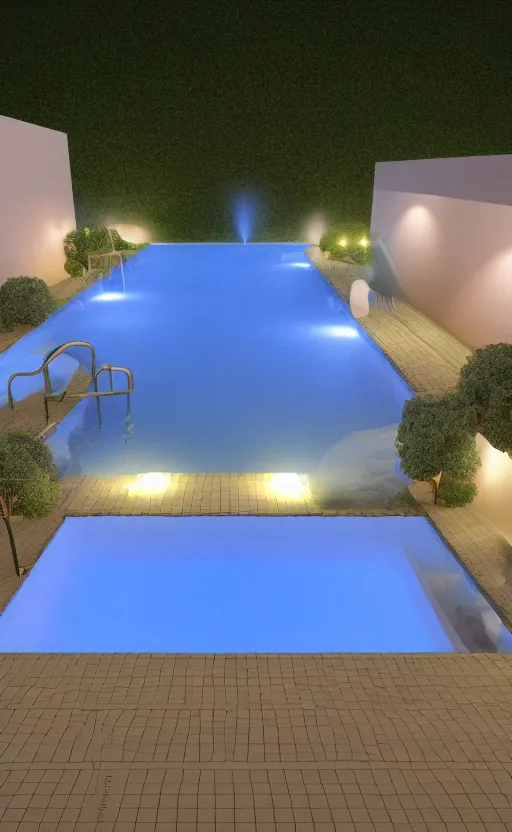 Image similar to swimming pool at night, soft render, volumetric lighting, 3d aesthetic grainy illustration