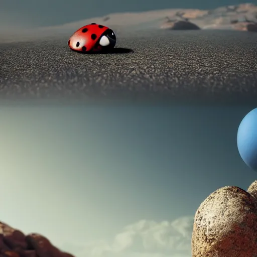 Image similar to promotional still wide angle, a mountain - sized ladybug roams a barren wasteland, dramatic lighting, ( e. t. the extra - terrestrial ), batteries not included, harry potter, octane 3 d render, imax, 7 0 mm.