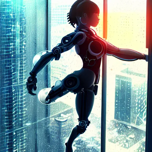 Prompt: beautiful cyborg girl diving down on a skyscraper in the rain, waterdrops refractions on lens, full round face, biomechanical details, cyberpunk anime art, full body shot, window reflections, lens flare, wlop, ilya kuvshinov, artgerm, krenz cushart, greg rutkowski