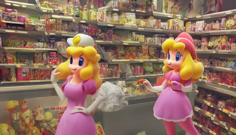 Image similar to photography of princess peach from mario in a grocery store with frock, in the mushroom kingdom, mario theme grocery store around, winter, anime style character, clean soft lighting, backlit beautiful face, clean brush stroke, 8 k character concept art, by wolp and artgerm ， 3 d