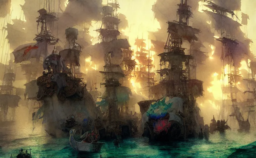 Image similar to pirate galleon fleet. intricate, amazing composition, colorful watercolor, by ruan jia, by maxfield parrish, by marc simonetti, by hikari shimoda, by robert hubert, by zhang kechun, illustration, gloomy, volumetric lighting, fantasy