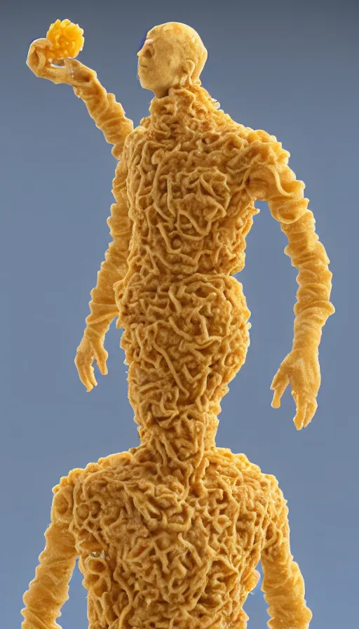 Prompt: a human fruit covered with molds and wearing pasta, fungus, complete figure, 3 d render, photo realistic, highly detailed, vivid colors.