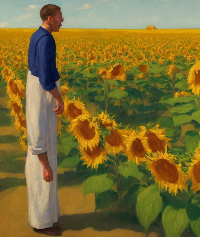 Image similar to a portrait painting of a man in an oranger prisoner overall, standing in beautiful sunflower field, screaming and sad, highly detailed, aesthetic stars in the sky, in the style of edward hopper, very fine brush strokes, 4 k,