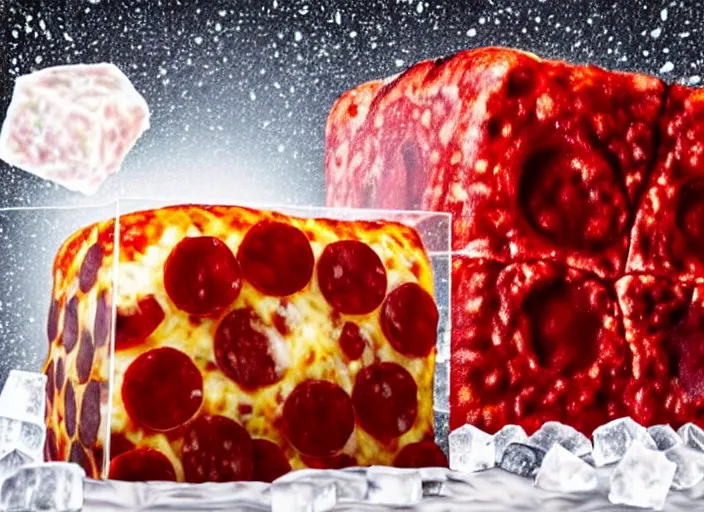 Image similar to clear highly detailed photorealistic food photograph of a big ice cube with a pizza frozen inside the cube with salami pepperoni, the cube refracts the sunlight, volumetric, the ice cubes laying on marvel stone