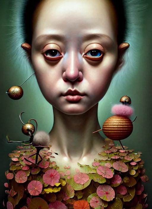 Image similar to hyper detailed 3d render like a Oil painting female kawaii portrait by Jacek Yerka, Ray Caesar, Benjamin Lacombe,Mariusz Lewandowski, Houdini algorithmic generative render, Abstract brush strokes, Masterpiece, Edward Hopper and James Gilleard, Zdzislaw Beksinski, Mark Ryden, Wolfgang Lettl, hints of Yayoi Kasuma, octane render, 8k