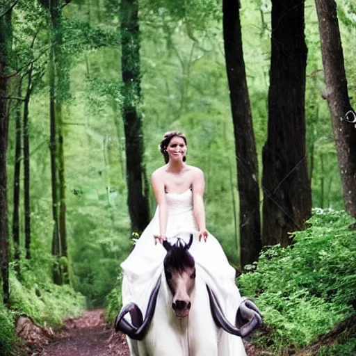 Prompt: a girl in a wedding dress riding a unicorn in the forest, trending on attestation