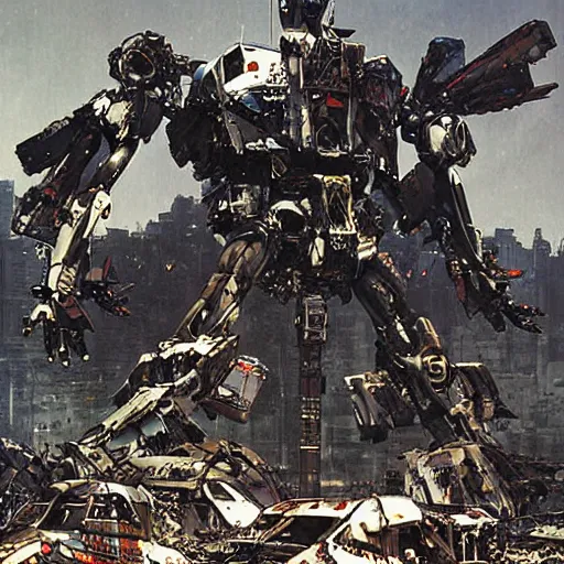 Image similar to destroyed mecha junkyard, matte painting, by yoji shinkawa