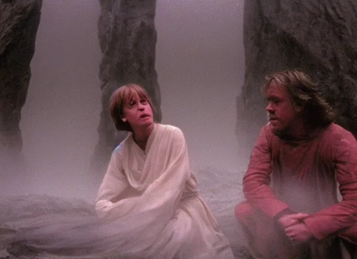 Image similar to Luke skywalker kneels before a jedi oracle woman, a mystic with infinite knowledge of time. a strange foggy pink land. still from the 1983 film directed by Stanley Kubrick, monolith, anamorphic, Photographed with Leica Summilux-M 24 mm lens, kodak stock, ISO 100, f/8, Portra 400