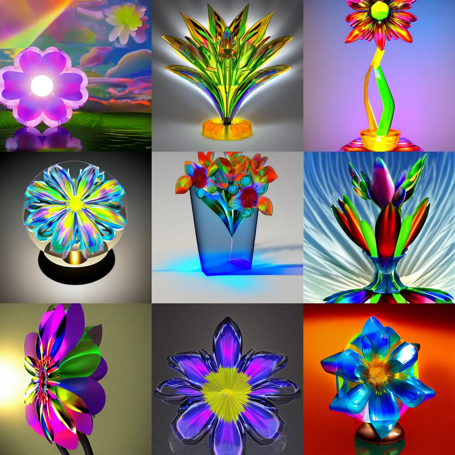 Prompt: exotic surreal living glass prism flower by chris wood, sunbeams, featured on artstation hd