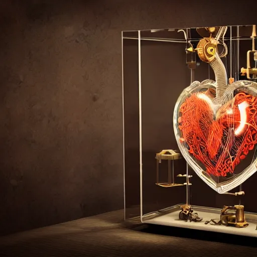 Prompt: mechanical human heart in glass display case, trending on artstation, steampunk, octane render