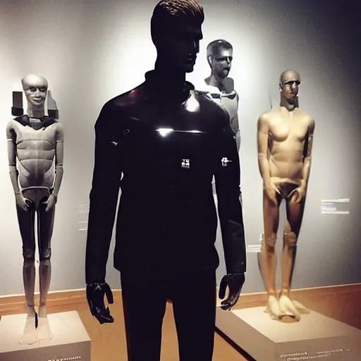 Image similar to “ a realistic detailed photo of a guy who is an attractive humanoid who is half robot and half humanoid, who is a male android, actor liam hemsworth, shiny skin, posing like a statue, blank stare, at the museum, on display ”