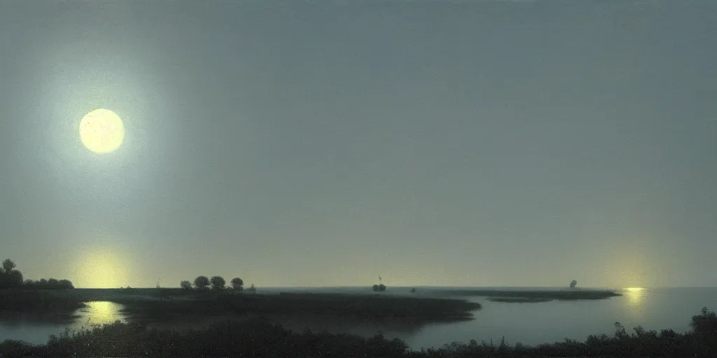 Image similar to awe inspiring arkhip kuindzhi landscape, hyperrealistic oil painting, moonlight over a river, 4 k, matte