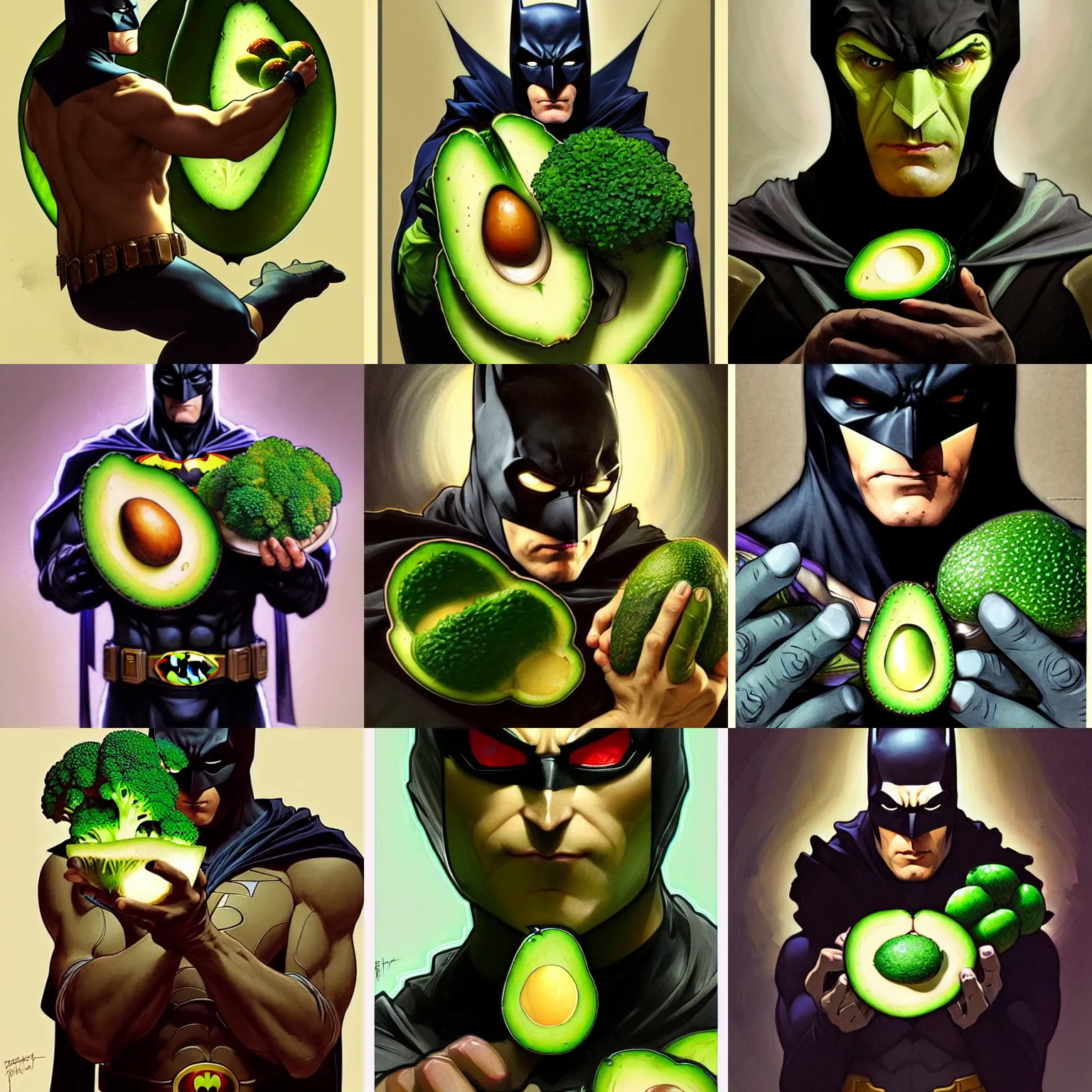 Prompt: digital character concept art by artgerm and greg rutkowski and alphonse mucha. portrait of batman comparing avocado and broccoli, beautiful, holding a stuff, detailed, poster art, light effect, glowing, hyper detail, intricate, elegant, digital painting, artstation, smooth, sharp focus