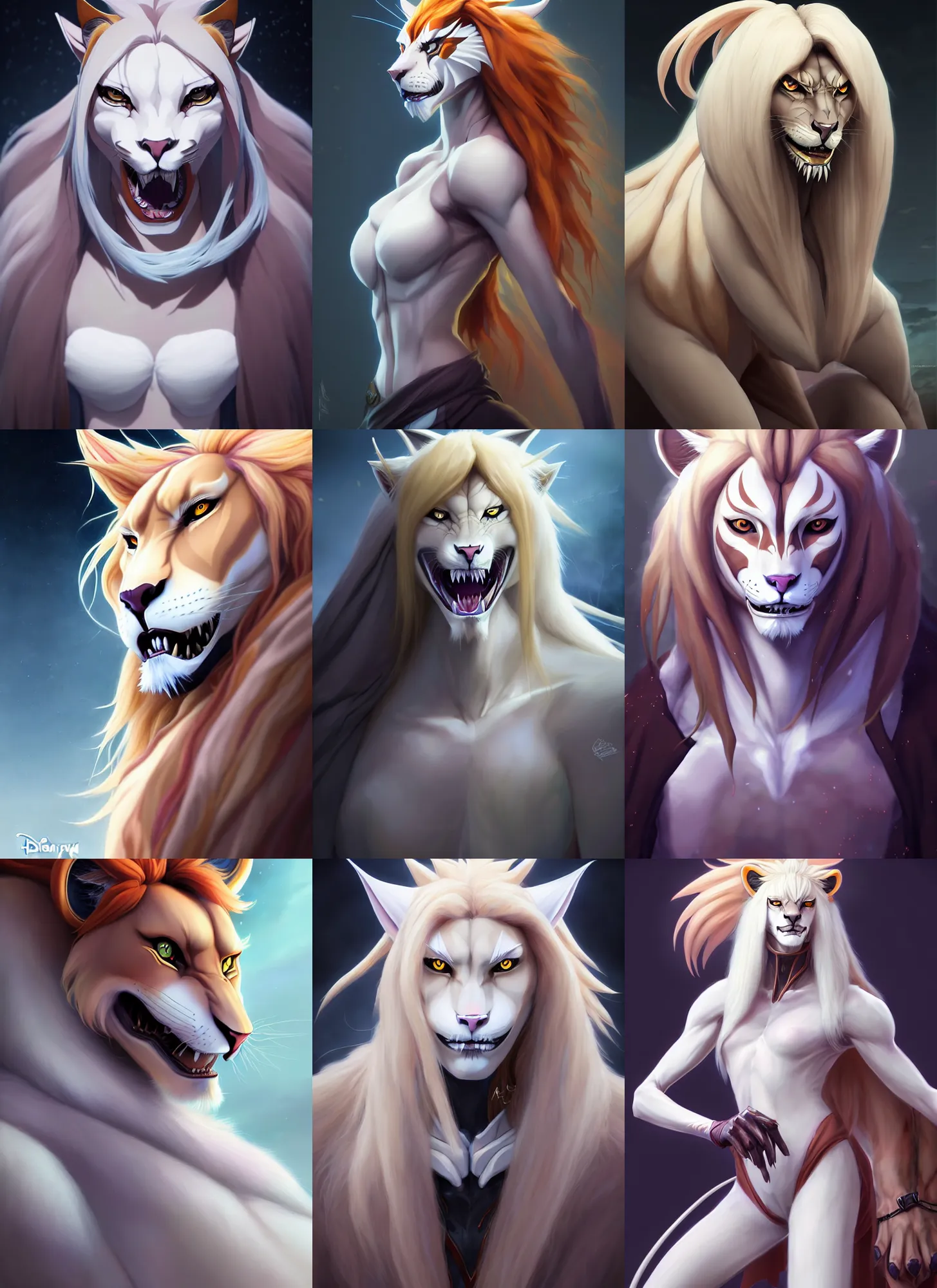 Prompt: beautiful portrait of a female anthropomorphic lioness fursona dressed as a bleach espada vasto lorde hollow. character design by disney, charlie bowater, ross tran, artgerm, and makoto shinkai, detailed, soft lighting, rendered in octane