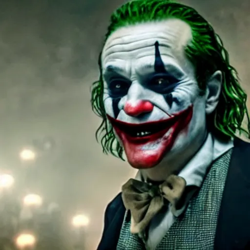 Image similar to stunning awe inspiring ( robin williams ) as the joker 8 k hdr movie still atmospheric lighting