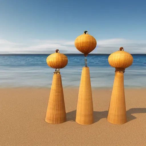Prompt: three woks, each with the approximate dimensions of 50cm long and 30 cm wide, placed on a sandy beach, with ocean in the background, photorealistic, 8k