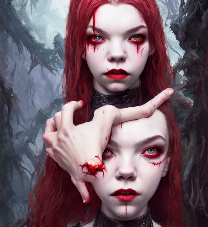 Image similar to anya taylor - joy vampire queen, hyper detailed, digital art, trending in artstation, cinematic lighting, studio quality, smooth render, unreal engine 5 rendered, octane rendered, art style by klimt and nixeu and ian sprigger and wlop and krenz cushart