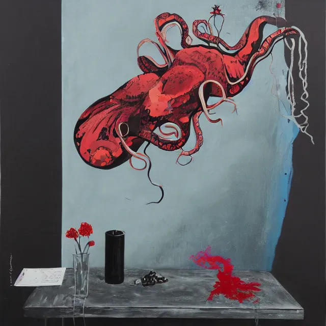 Prompt: empty room with black walls, a portrait of a female pathologist, an octopus, wilted flowers, squashed berries, neo - expressionism, surrealism, acrylic and spray paint and oilstick on canvas