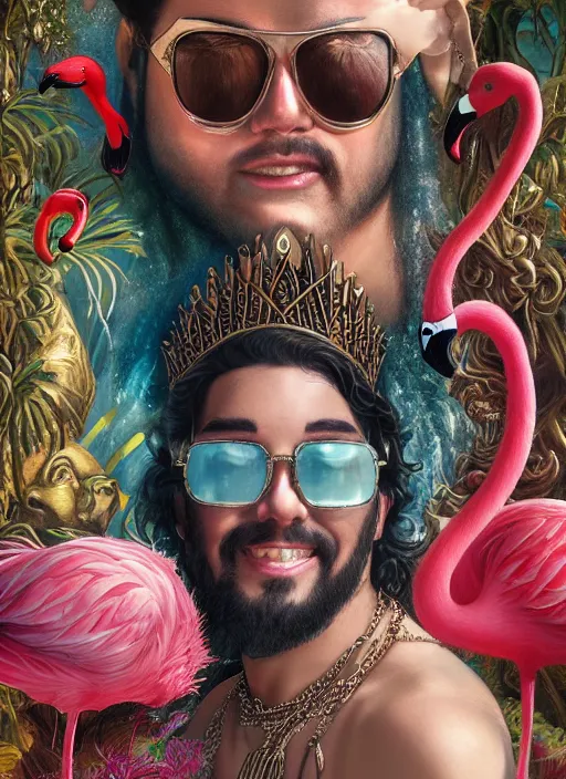 Prompt: young Atlantean king Jerry RIvera grinning and wearing cholo sunglasses and a heavy bejeweled gold crown reclining poolside with a beautiful flamingo, steelpunk, ghibli studio, nekro, Tom Bagshaw, Craig Mullins, octane 8k, by brian froud, Trending on ArtStation