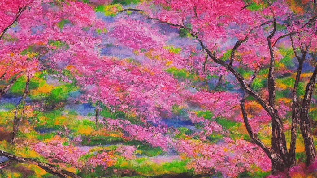 Prompt: an artwork of a landscape of a sakura forest, multicolored