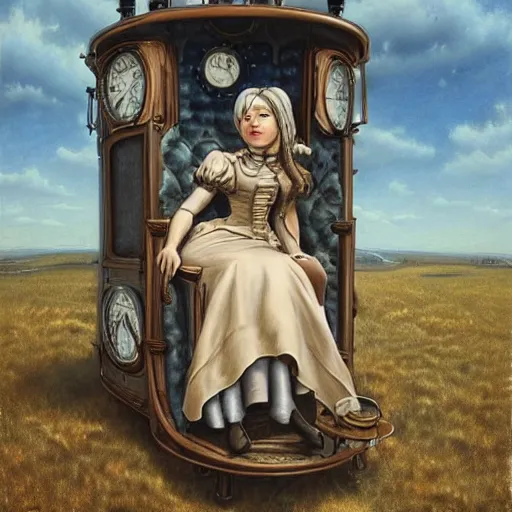 Image similar to a hyperrealistic painting of a victorian steampunk woman sitting in her time machine, blue skies, by john kenn mortensen, highly detailed,