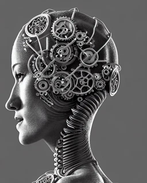Prompt: mythical black and white organic bio-mechanical spinal ribbed profile face portrait detail of mechanical beautiful female angelic-vegetal-cyborg, highly detailed, intricate steampunk ornate, poetic, 3D render, digital art, octane render, 8K artistic photography, photo-realistic, by Dora Maar