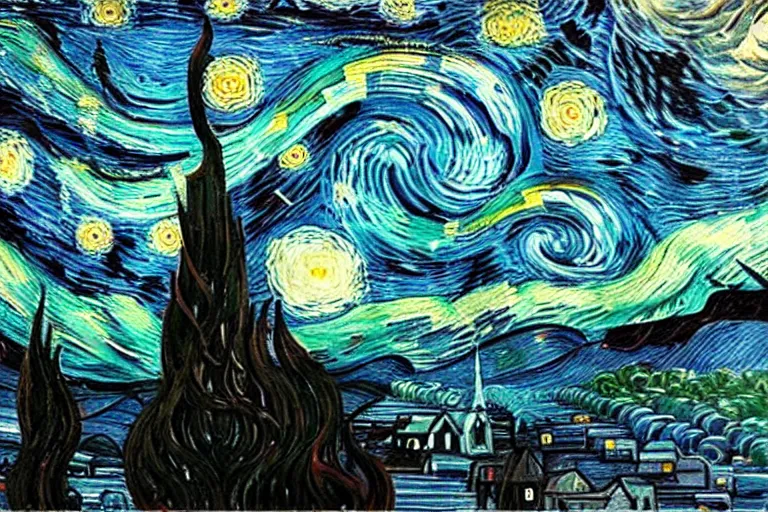 Image similar to man is seeing old god eldritch horror cthulhu terrifying the night sky of a city, epic scene oil painting hyper - detailed gigantic cthulhu, realistic dark - art painted by van gogh