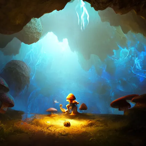 Prompt: an adventurer finding a mystical cave with huge magical mushrooms, glowing blue, a stream of water, dark rocks, shadows, atmospheric, very detailed, cold blue light, artstation