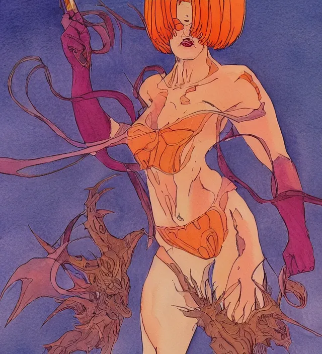 Prompt: a 3 / 4 view watercolor ink painting of velma as a god of destruction in the style of jean giraud in the style of moebius trending on artstation deviantart pinterest detailed realistic hd 8 k high resolution